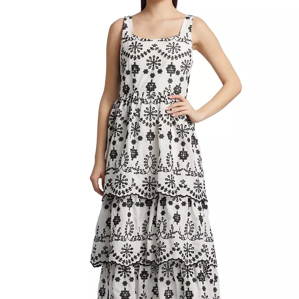 Elie Tahari Embroidered White and Black Cotton Tiered Maxi Dress Sz 2 Bridal